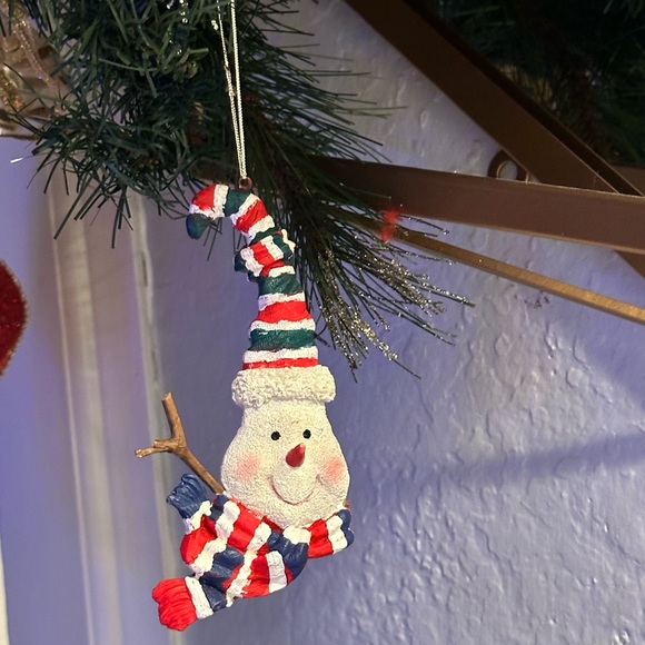 Vintage Blue and red stripes silly hat and scarf snowman face ornament - Picture 8 of 14